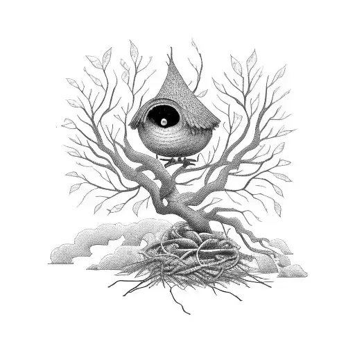 A beautifully detailed illustration of a bird perched on a leafless tree, keeping its eggs safe from the rain in a cozy nest tattoo design idea