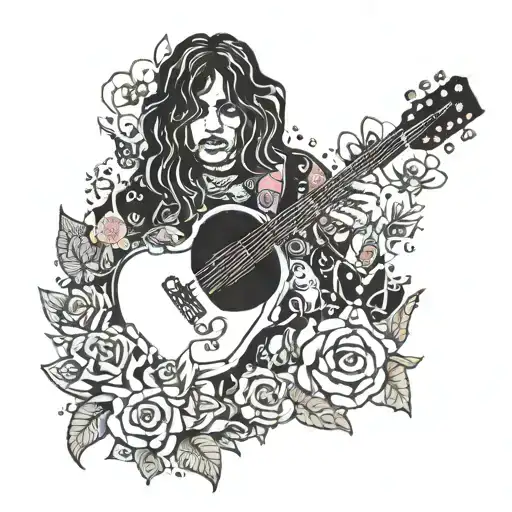 A psychedelic portrait of a famous member of the 27 club surrounded by colorful flowers and symbols of peace and love tattoo design idea