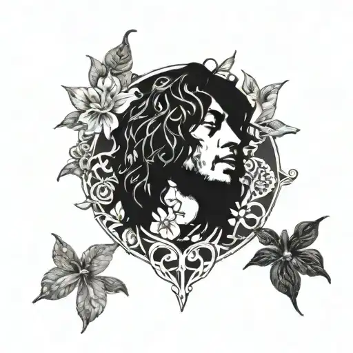 A psychedelic portrait of a famous member of the 27 club surrounded by colorful flowers and symbols of peace and love tattoo design idea