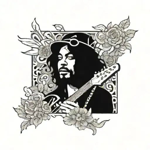 A psychedelic portrait of a famous member of the 27 club surrounded by colorful flowers and symbols of peace and love tattoo design idea