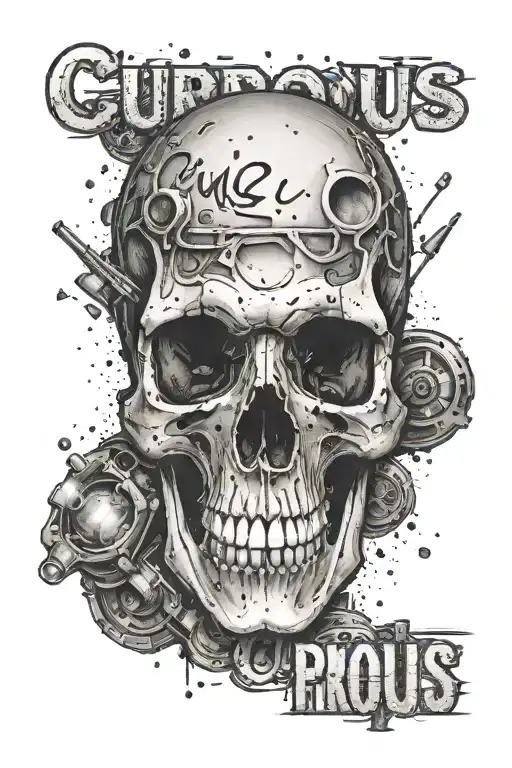 skull with bullet hole on space background, word "curious" written below tattoo design idea