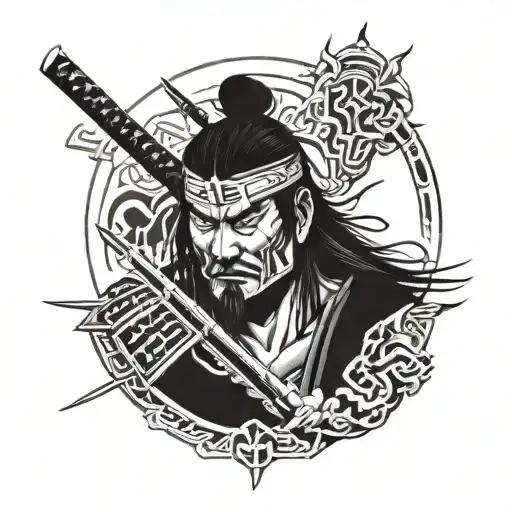 una manga que este un samurai, un espartano, alejandro magno, un guerrero azteca, un guerrero mapuche, y un guerrero egi tattoo design idea