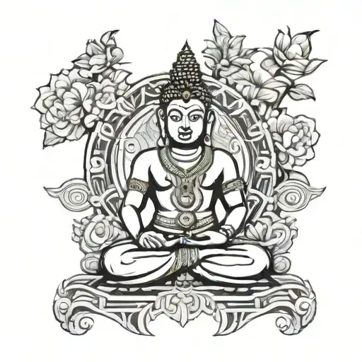 cambodian style buda in black and white  tattoo design idea