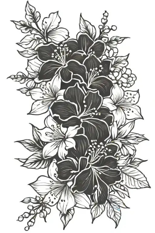 forearm tattoo cherry blossoms, hibiscus, azalea flowers, acacia, geranium, cyclamen, poinsettia, stocks tattoo design idea