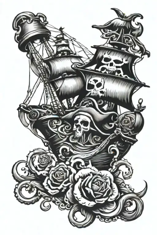 pirates, ship, rose, bale, octopus tattoo design idea