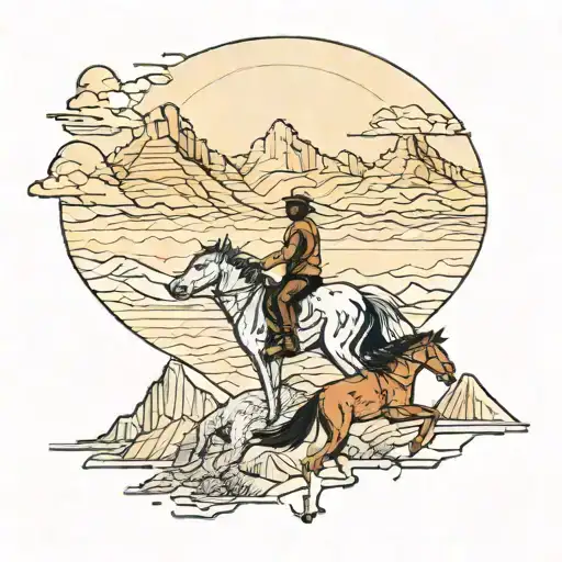 a wolf on the background with the El Paso mountains and two guys on a horses riding up the street   tattoo design idea