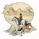 a wolf on the background with the El Paso mountains and two guys on a horses riding up the street   tattoo design idea