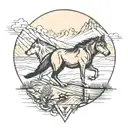 a wolf on the background with the El Paso mountains and two guys on a horses riding up the street   tattoo design idea