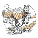 a wolf on the background with the El Paso mountains and two guys on a horses riding up the street   tattoo design idea