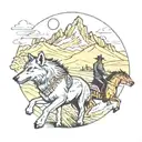 a wolf on the background with the El Paso mountains and two guys on a horses riding up the street   tattoo design idea