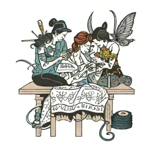 four people sewing clothes  tattoo design idea