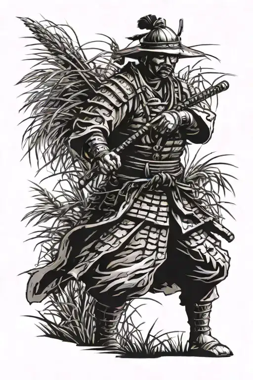 samurai standing tall grass tattoo design idea