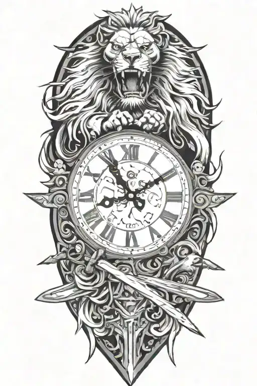 Clock Skull Lion Samurai sword tattoo design idea
