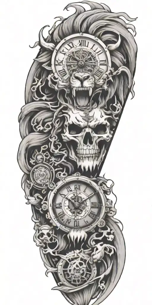 Clock Skull Lion Samurai tattoo design idea