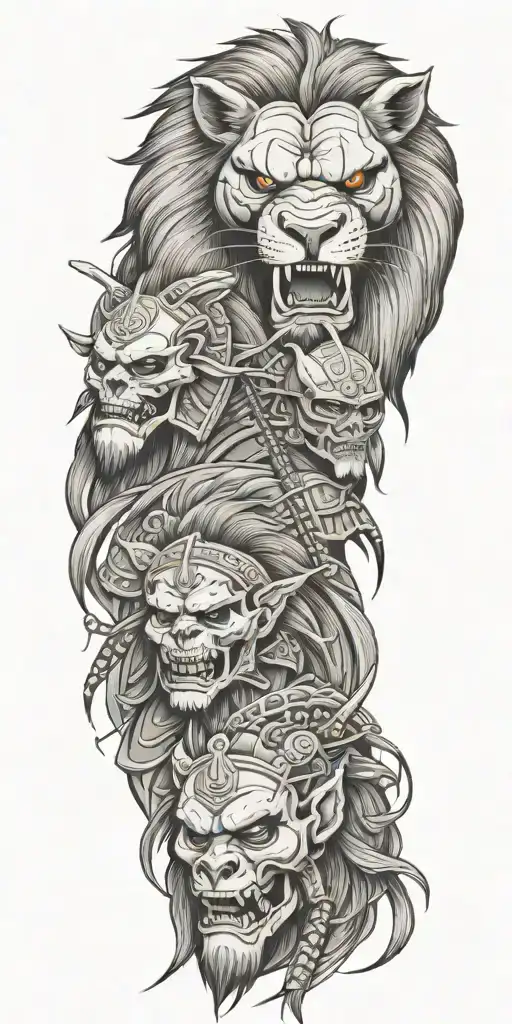 Skull Lion And Samurai warrior tattoo design idea