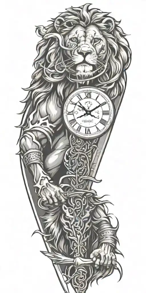 Clock Skull Lion Samurai sword tattoo design idea