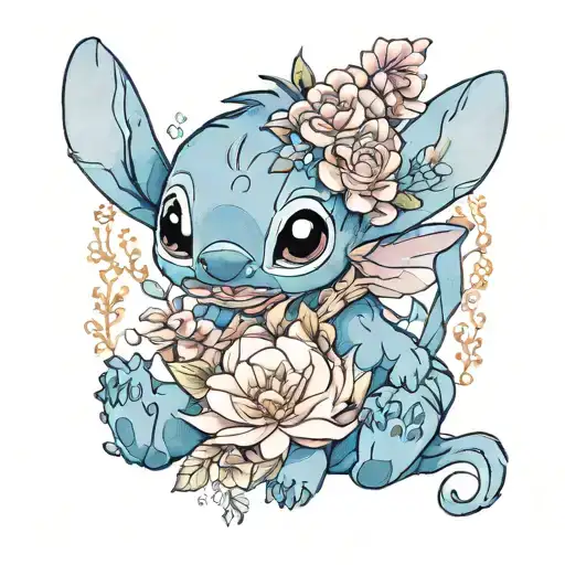 Stitch holding flowers tattoo design idea