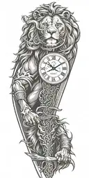 Clock Skull Lion Samurai sword tattoo design idea