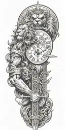 Clock Skull Lion Samurai sword tattoo design idea