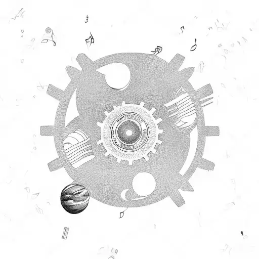 Gears with music disc and space planets tattoo tattoo design idea
