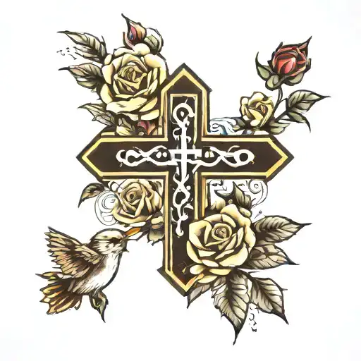 Traditional tattoo style. a cross with glowing beam behind it with sparrows and roses “Joshua 1:9 tattoo design idea