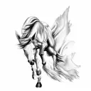 a black horse running inside of a feather tattoo design idea
