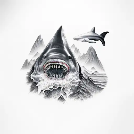 A mountain with a huge cave resembling a resurfacing shark and many people who run into its mouth  tattoo design idea