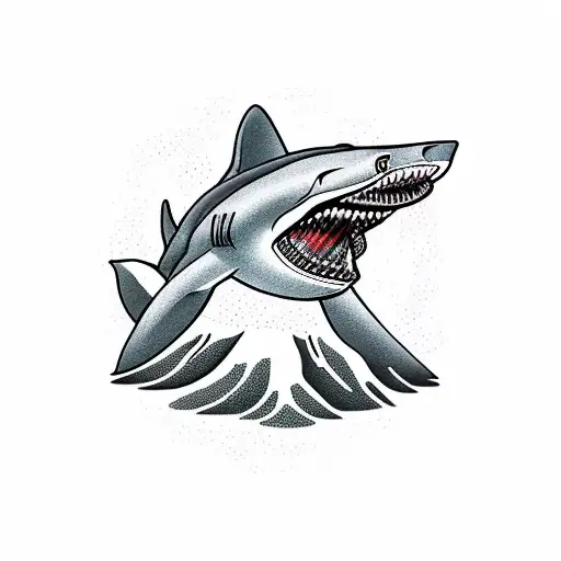 A mountain with a huge cave resembling a resurfacing shark and many people who go into its mouth  tattoo design idea