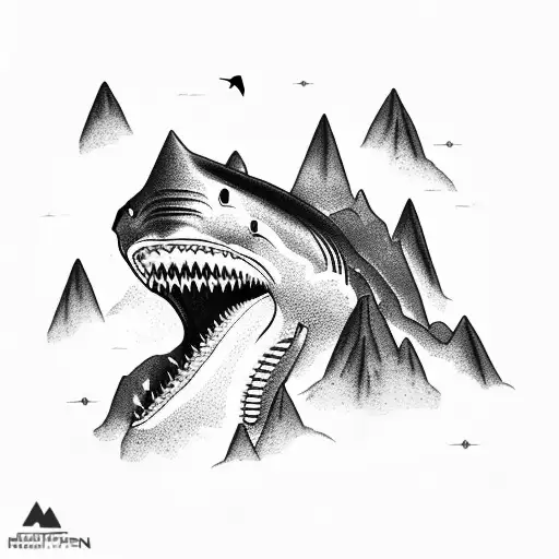 A mountain with a huge cave resembling a resurfacing shark and many people who run into its mouth  tattoo design idea