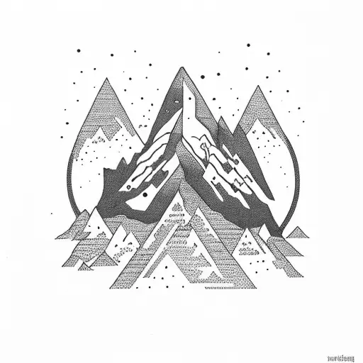 A mountain with a huge cave resembling a resurfacing shark and many people who run into its mouth  tattoo design idea