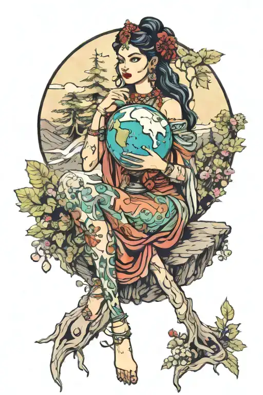 Gypsy goddess holding the earth and moon as a crystal ball, with a woodland mountain scene in the background. There shou tattoo design idea