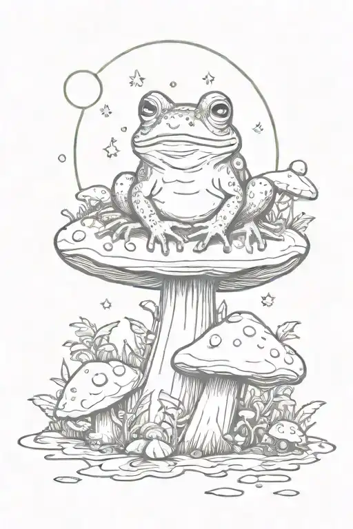 A whimsical scene of a frog sitting on a mushroom under a full moon tattoo design idea