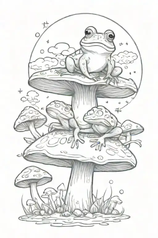 A whimsical scene of a frog sitting on a mushroom under a full moon tattoo design idea