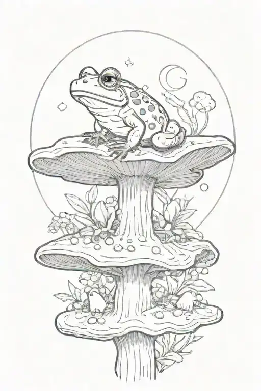 A whimsical scene of a frog sitting on a mushroom under a full moon tattoo design idea