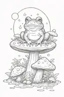 A whimsical scene of a frog sitting on a mushroom under a full moon tattoo design idea