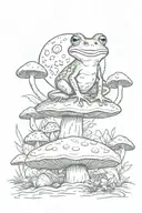 A whimsical scene of a frog sitting on a mushroom under a full moon tattoo design idea
