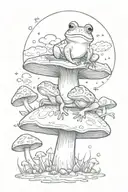 A whimsical scene of a frog sitting on a mushroom under a full moon tattoo design idea