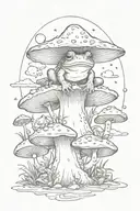 A whimsical scene of a frog sitting on a mushroom under a full moon tattoo design idea