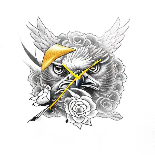 Flying Golden eagle, clock, roses, mechanic  tattoo design idea