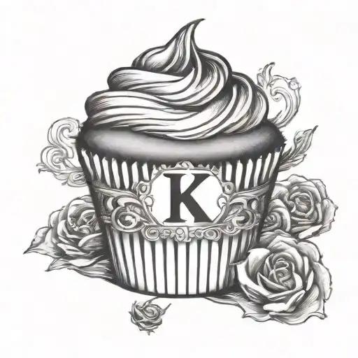 Black and white cupcake with a single letter K tattoo design idea