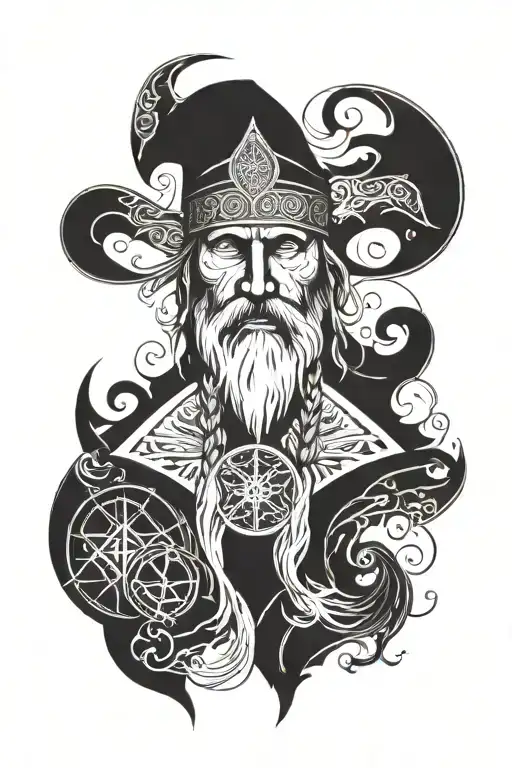 Odin's face with the left side tattooed, the vegvisir and eye white and the eye on the right side blue and below the all tattoo design idea