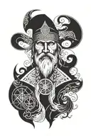 Odin's face with the left side tattooed, the vegvisir and eye white and the eye on the right side blue and below the all tattoo design idea