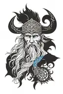 Odin's face with the left side tattooed, the vegvisir and eye white and the eye on the right side blue and below the all tattoo design idea