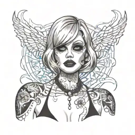 Sexy Busty Woman, short bob hairstyle cleavage facial piercings  tattoo design idea