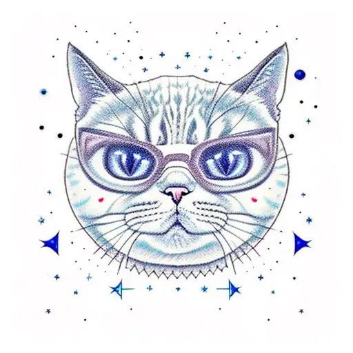 cute cat floating in space and the stars creates a binary code pattern tattoo design idea
