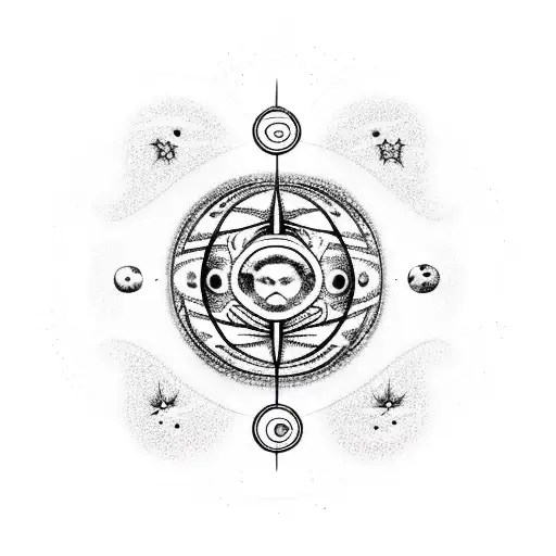 A blackwork tattoo of a cat floating in space with planets and stars forming a binary code pattern tattoo design idea