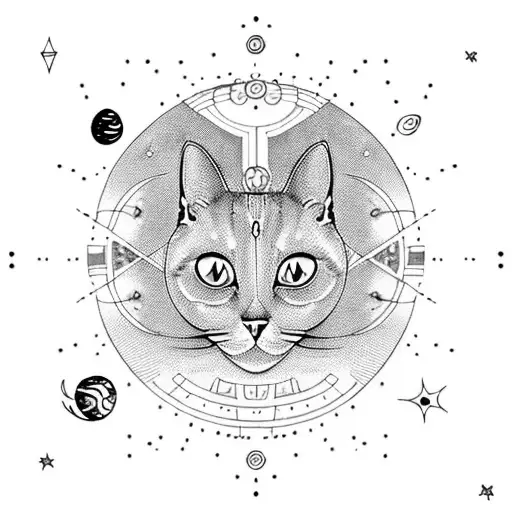 A blackwork tattoo of a cat floating in space with planets and stars forming a binary code pattern tattoo design idea