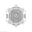 A blackwork tattoo of a cat floating in space with planets and stars forming a binary code pattern tattoo design idea