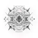 A blackwork tattoo of a cat floating in space with planets and stars forming a binary code pattern tattoo design idea