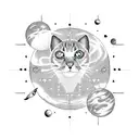 A blackwork tattoo of a cat floating in space with planets and stars forming a binary code pattern tattoo design idea